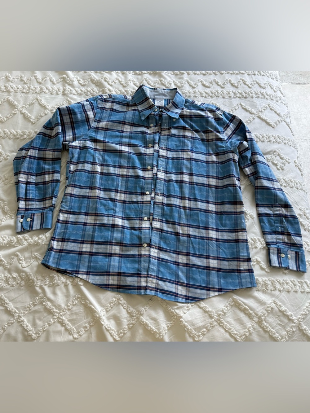 Brooks Brothers 1818 Regent Fit Shirt Mens XL Blue Orange Plaid Non-Iron Stretch